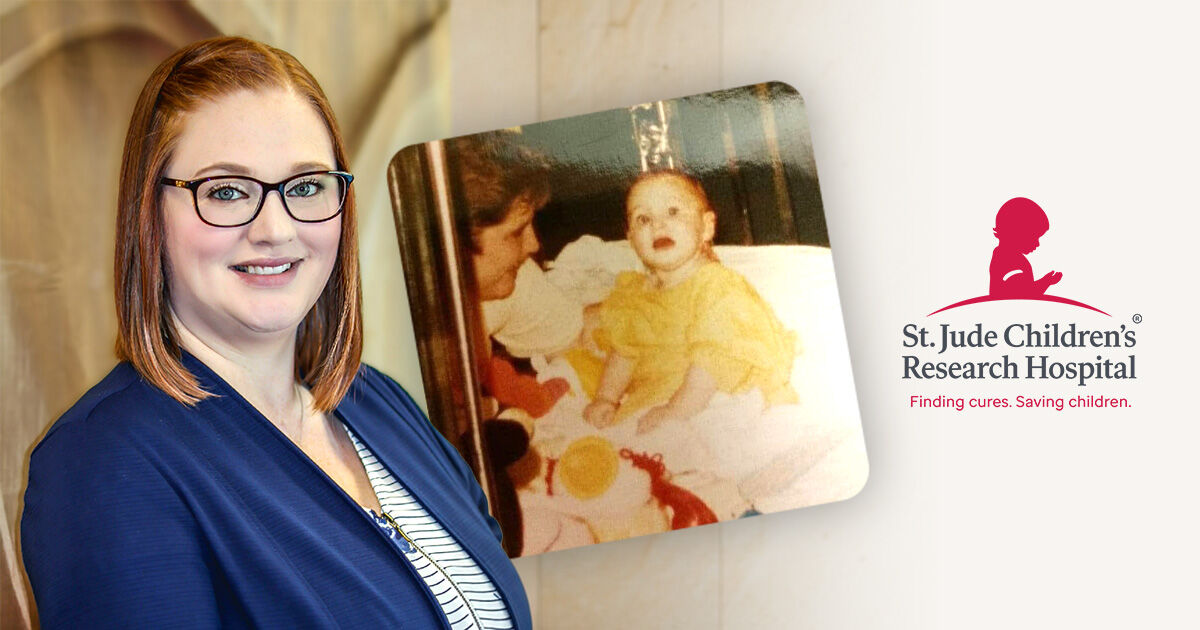Alesha Benkert beside a childhood photo and the St. Jude Children's Research Hospital logo.